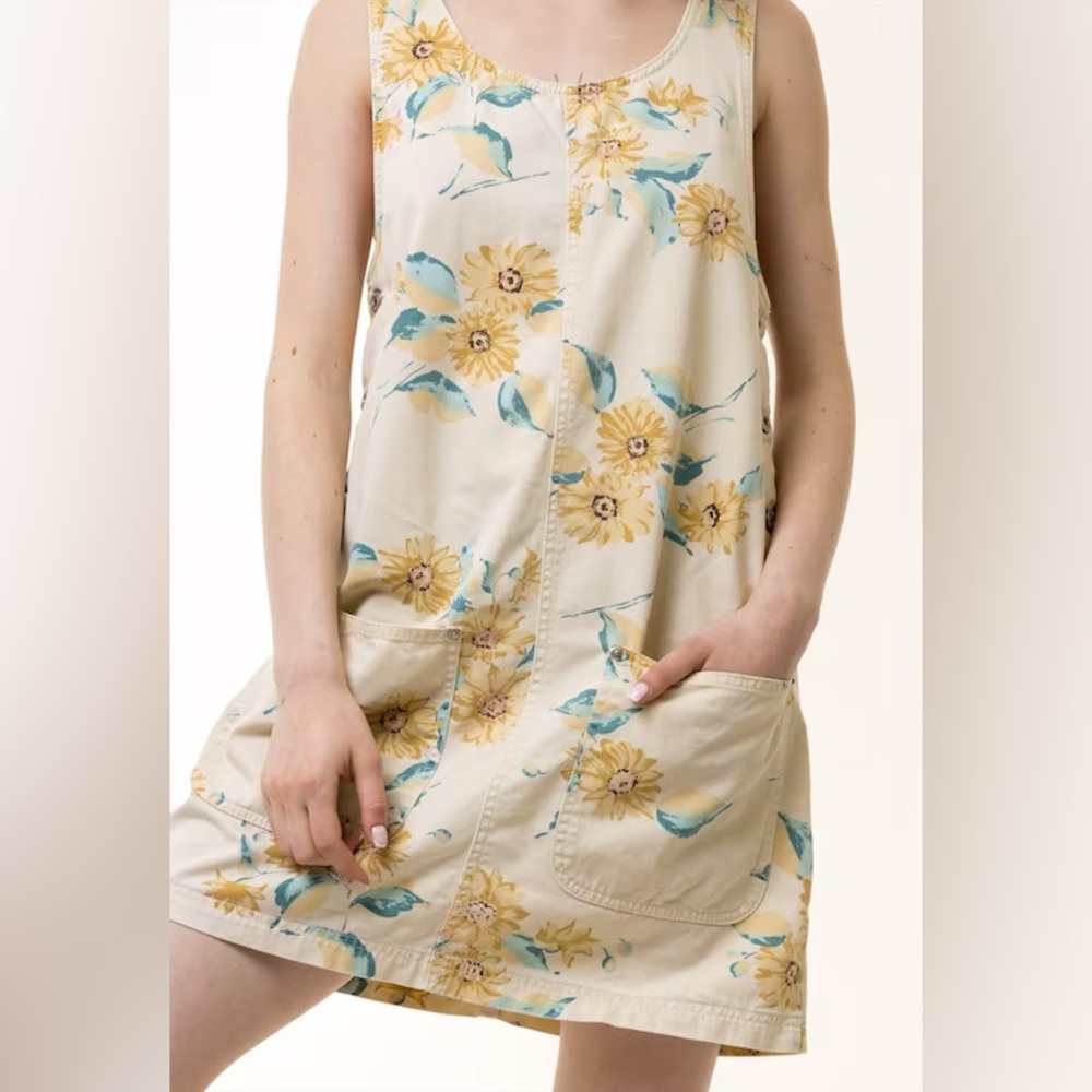 Vintage Express Sleeveless Side Button Flower Yellow Denim Jumper